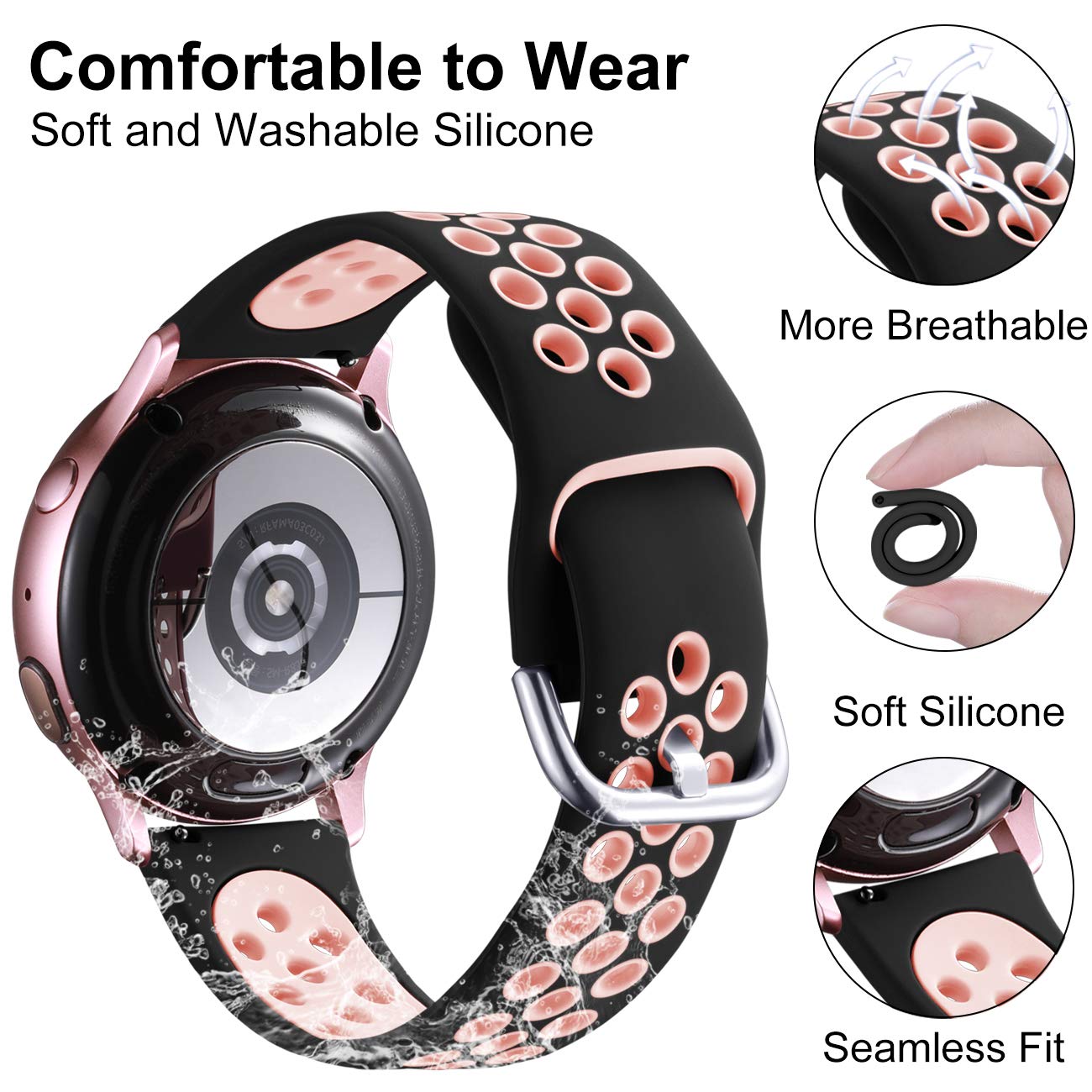 Lerobo Pulseira 20mm P/ Galaxy Watch 6/5/4/Active2 - Silicone P (preto e rosa)