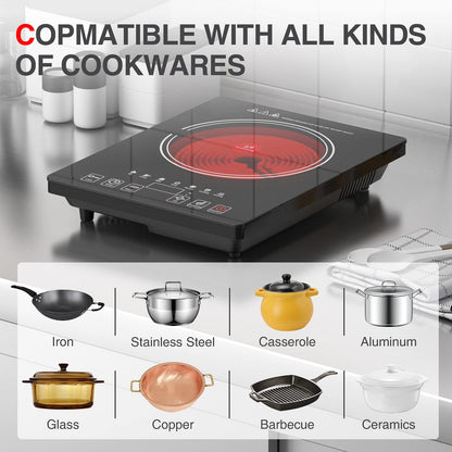 GTKZW Cooktop Elétrico Portátil 1800W com 8 Níveis de Potência e Tela Touch