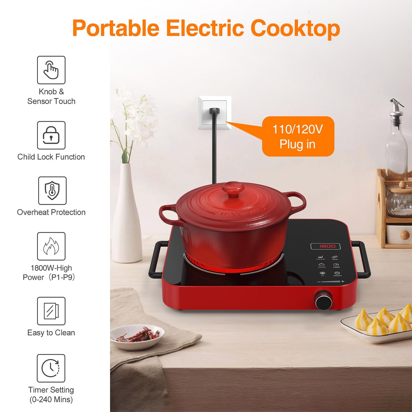 VBGK Cooktop Elétrico Portátil 1800W com Controle de Toque e Knob (Vermelho)