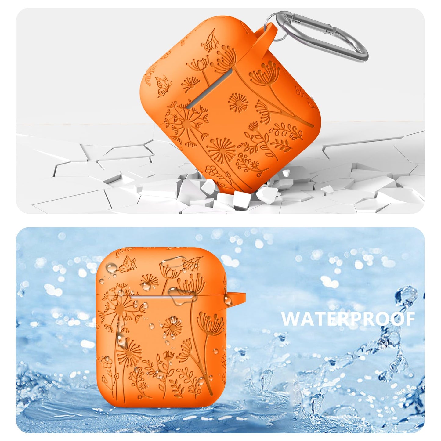 Lerobo Capa Gravada Silicone para AirPods 1ª/2ª Geração com Mosquetão (Laranja)