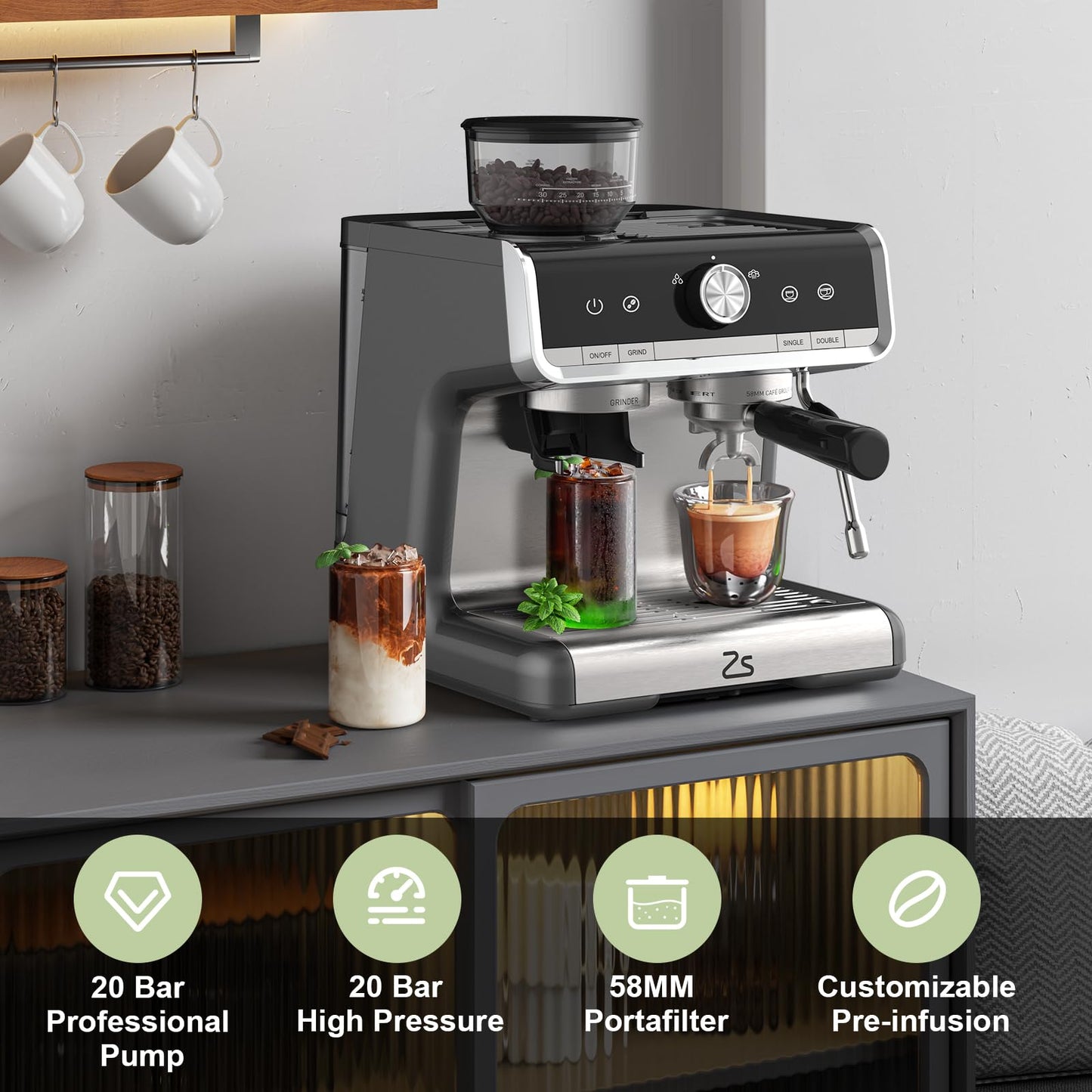 Takywep Máquina de Espresso 20 Bar com Moedor e Vaporizador 2,8L Cinza