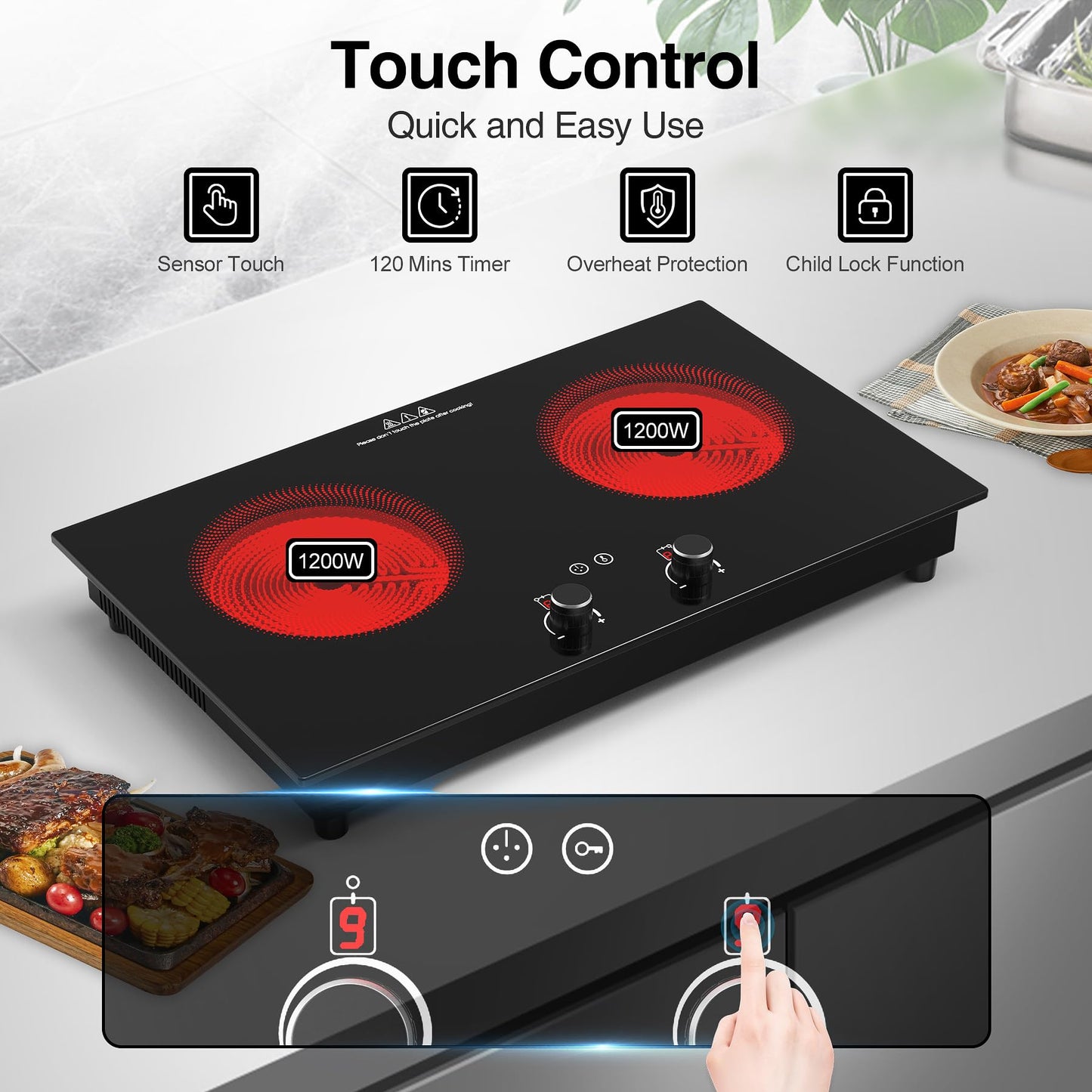 VBGK Cooktop Elétrico 24" 2400W com 2 Queimadores e Tela Touch (Preto)