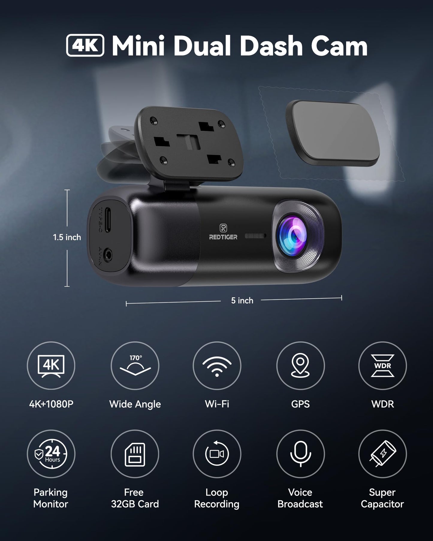 REDTIGER Dash Cam 4K F9, Dual Câmera, Wi-Fi, GPS, Visão Noturna