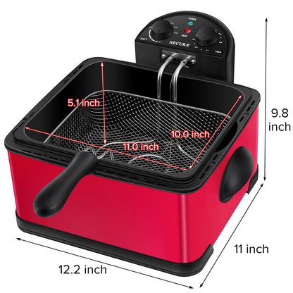 Secura Fritadeira Elétrica 4L 1700W com Cesto Triplo, Timer, Aço Inox (Vermelha)