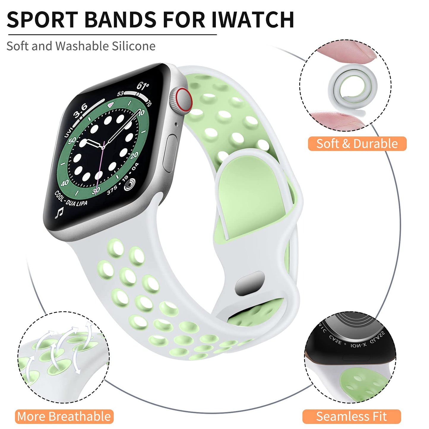 Lerobo Pulseira Esportiva Compatível com Apple Watch (Branco/Verde)