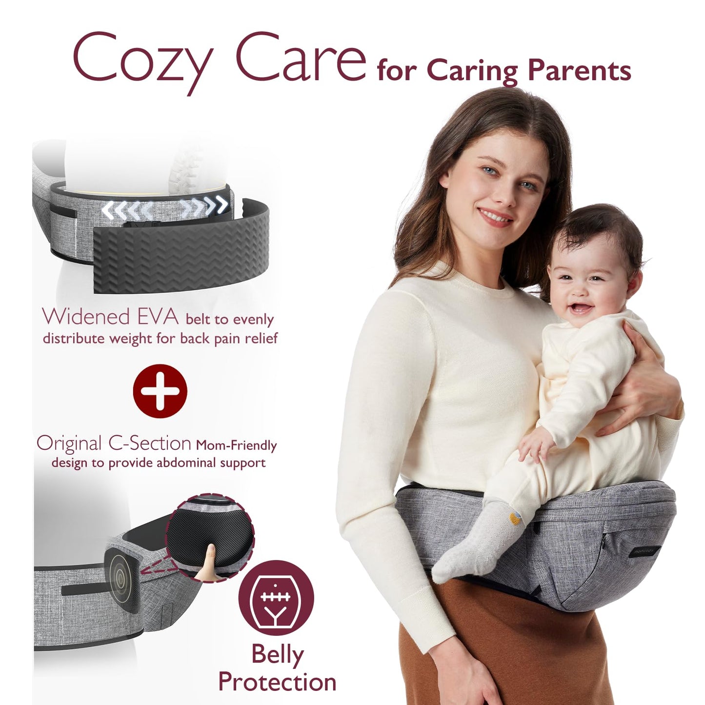 Momcozy Hip Seat Baby Carrier Cinza Médio Ergonomia e Suporte Abdominal