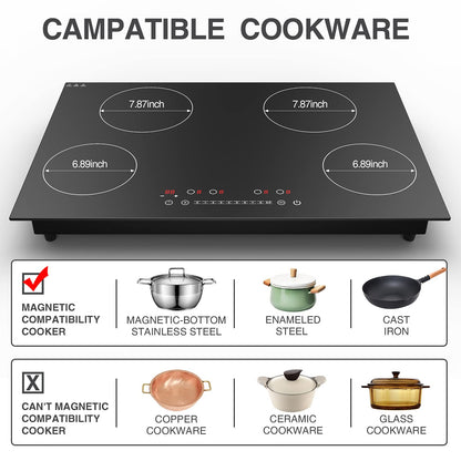 GTKZW Cooktop de Indução 30" 6400W com 4 Queimadores e Tela Touch (Preto)