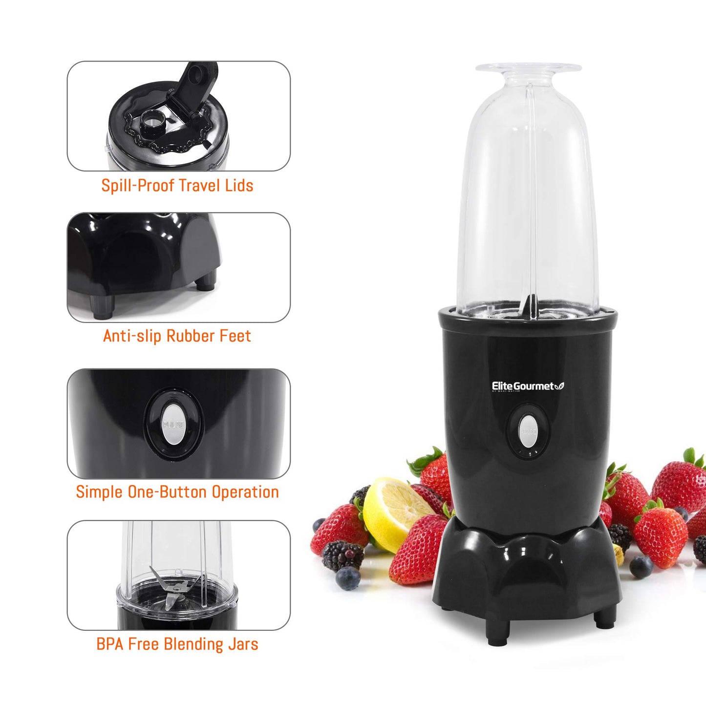 Elite Gourmet Mixer e Blender Pessoal 17 Peças com Copos Reutilizáveis (Preto)