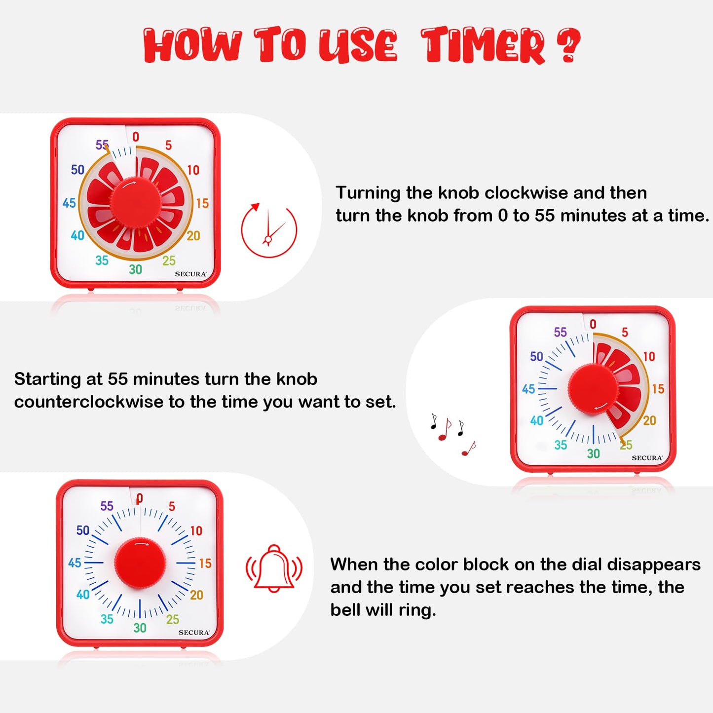 Secura Timer Visual de 60 Minutos com Ímã para Crianças, Design Fruta (Toranja)