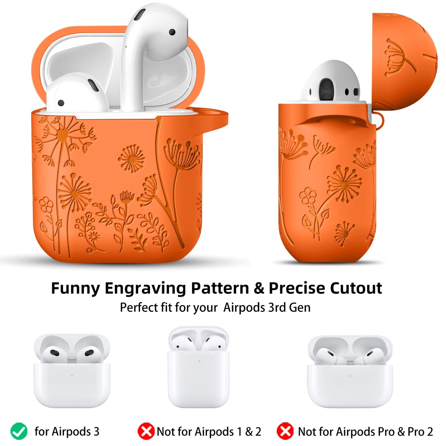 Lerobo Capa Gravada Silicone para AirPods 1ª/2ª Geração com Mosquetão (Laranja)