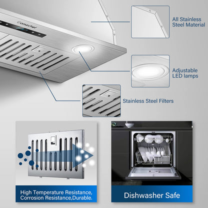 Amzchef Coifa Embutida Inox 30 Polegadas 900CFM com Controle Remoto