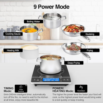 VBGK Induction Cooktop 1800W, Portátil, 9 Níveis, Controle Touch, 110V