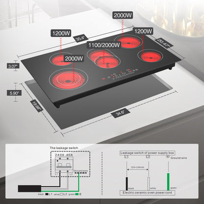 VBGK Cooktop Elétrico 36" 8600W com 5 Bocas, Controle Touch e Timer (Preto)