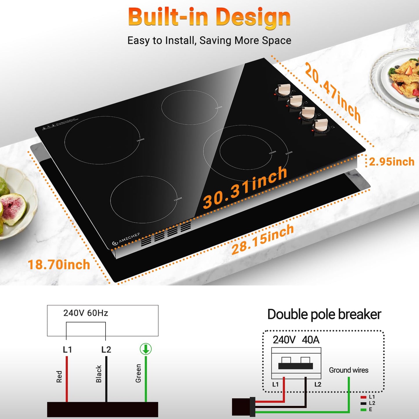 Cooktop Elétrico AMZCHEF 30" com 4 Bocas e Controle de Botão (Preto)