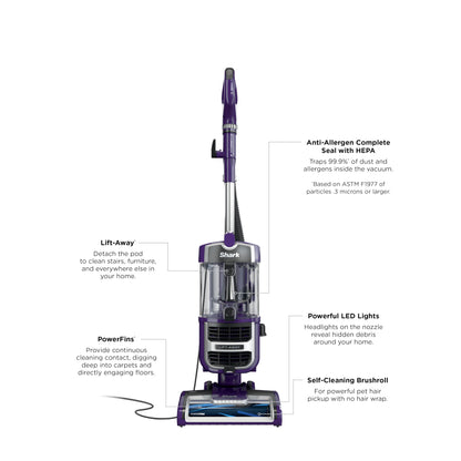 Shark Lift-Away Aspirador Vertical HEPA 800W PowerFins Escova Autolimpante Eggplant 120V