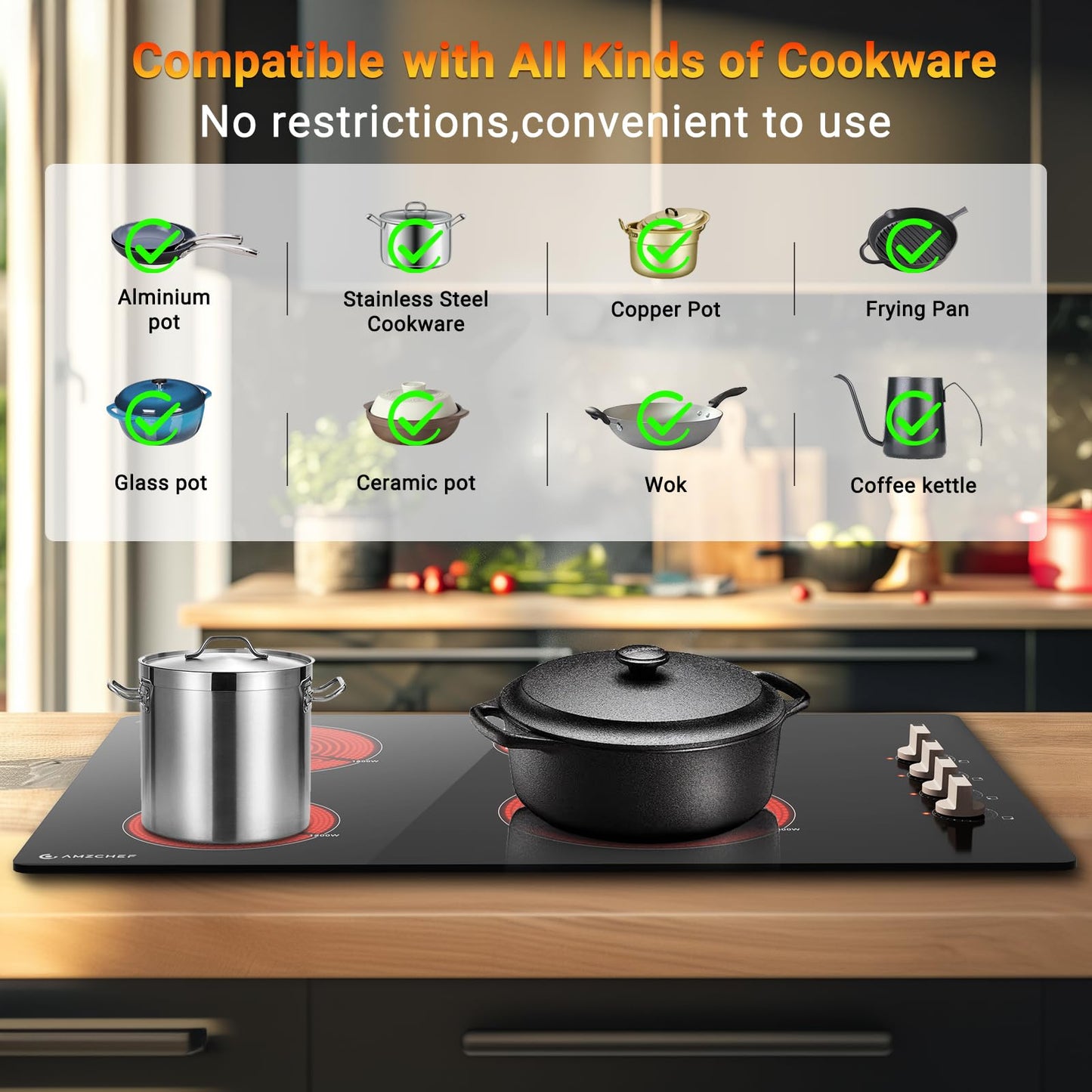 Cooktop Elétrico AMZCHEF 30" com 4 Bocas e Controle de Botão (Preto)