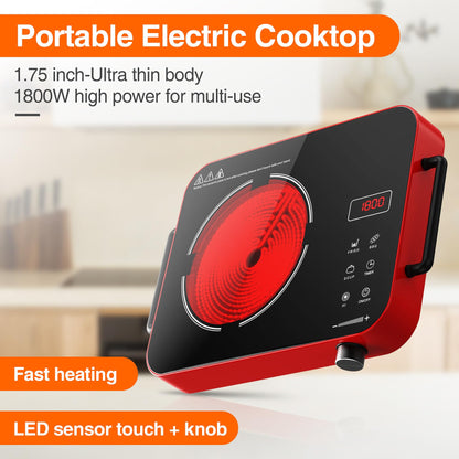 VBGK Cooktop Elétrico Portátil 1800W com Controle de Toque e Knob (Vermelho)