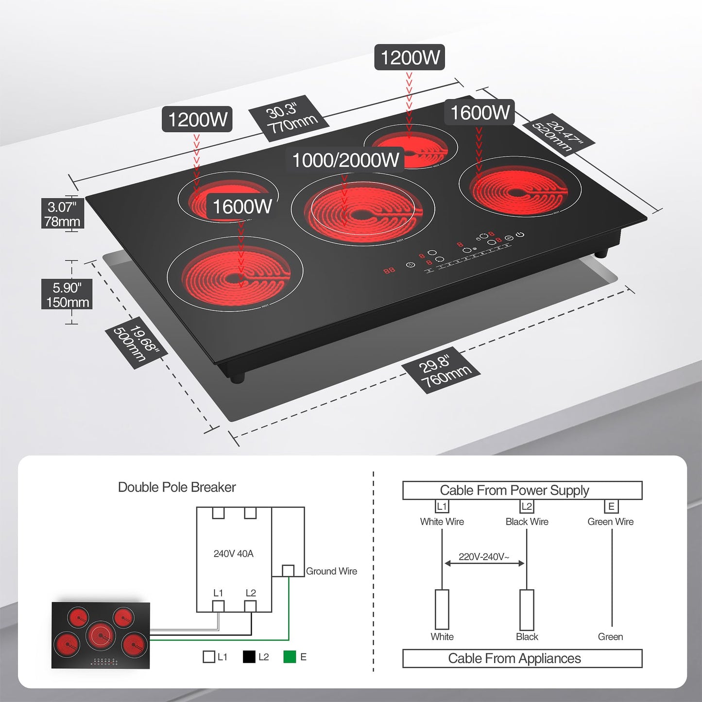 VBGK Cooktop Elétrico 30" com 5 Queimadores e 9 Níveis de Potência, 240V