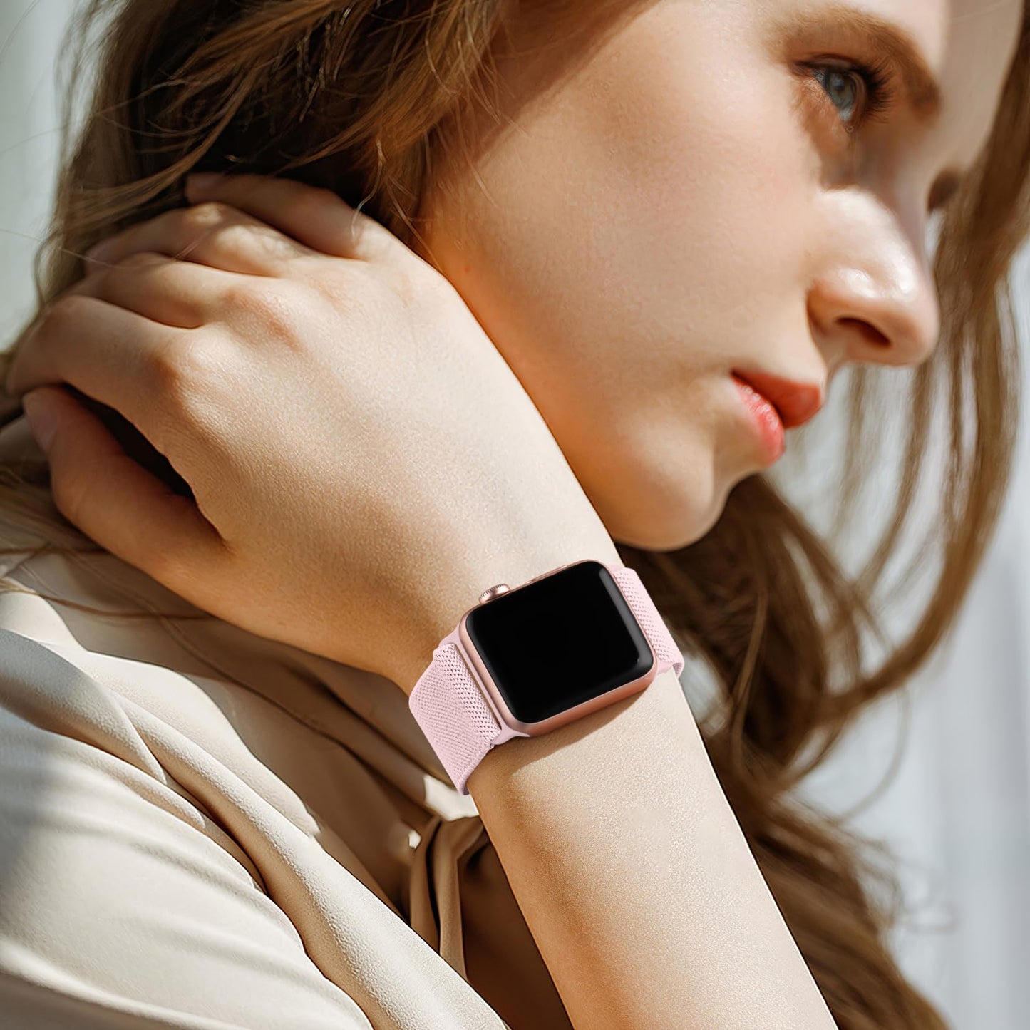 Lerobo Pulseira Trançada Compatível com Apple Watch 38mm a 49mm (Rosa Claro)