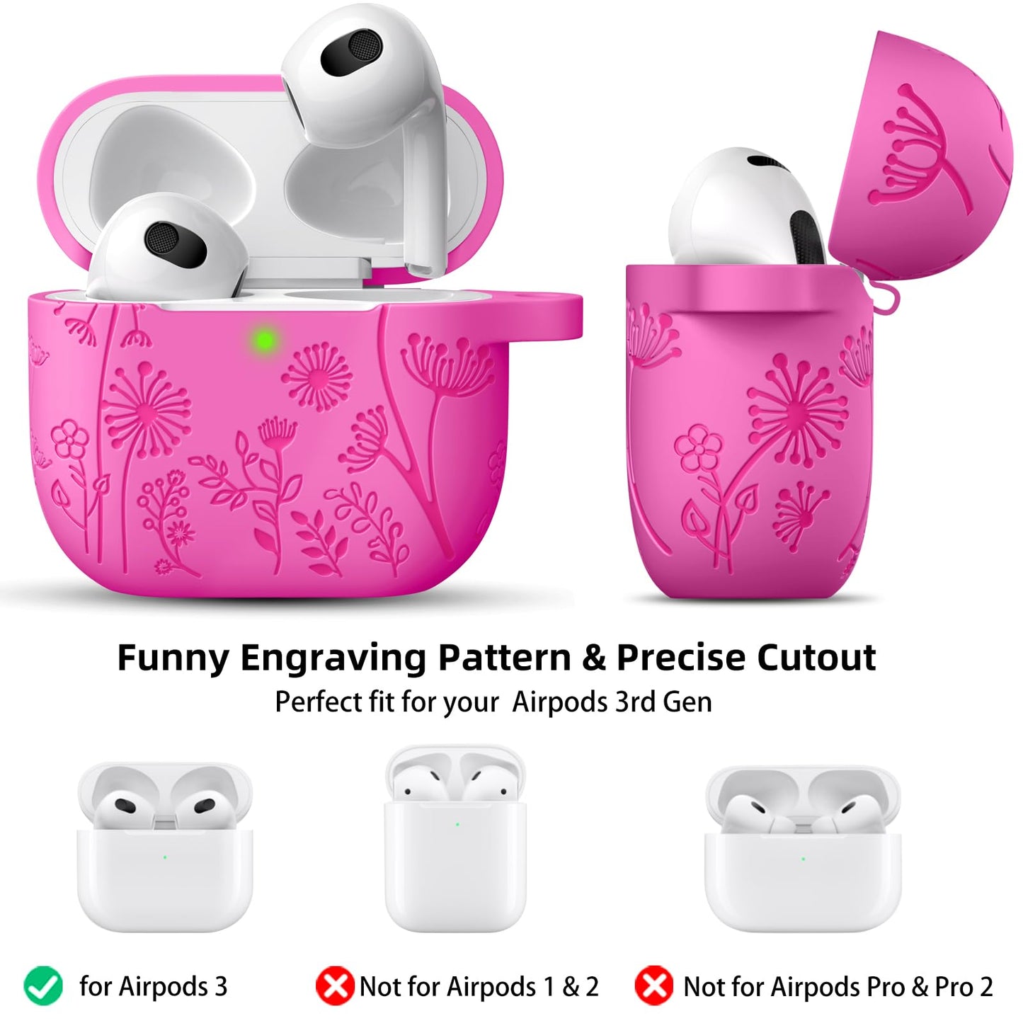 Lerobo Capa para AirPods 3ª Geração com Chaveiro e Gravação Floral (Rosa)