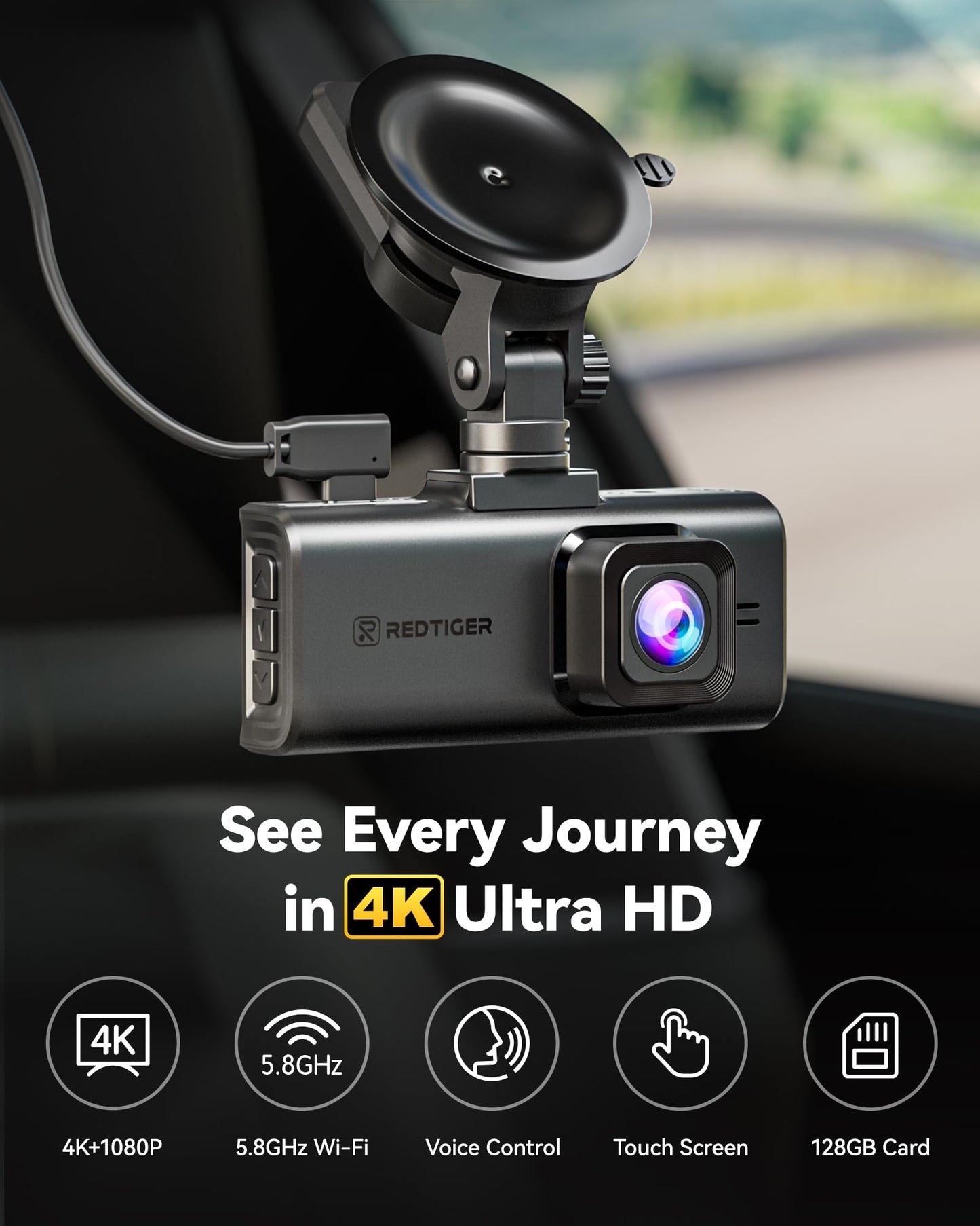 REDTIGER F7NX Dash Cam 4K+1080P Wi-Fi, GPS e Visão Noturna