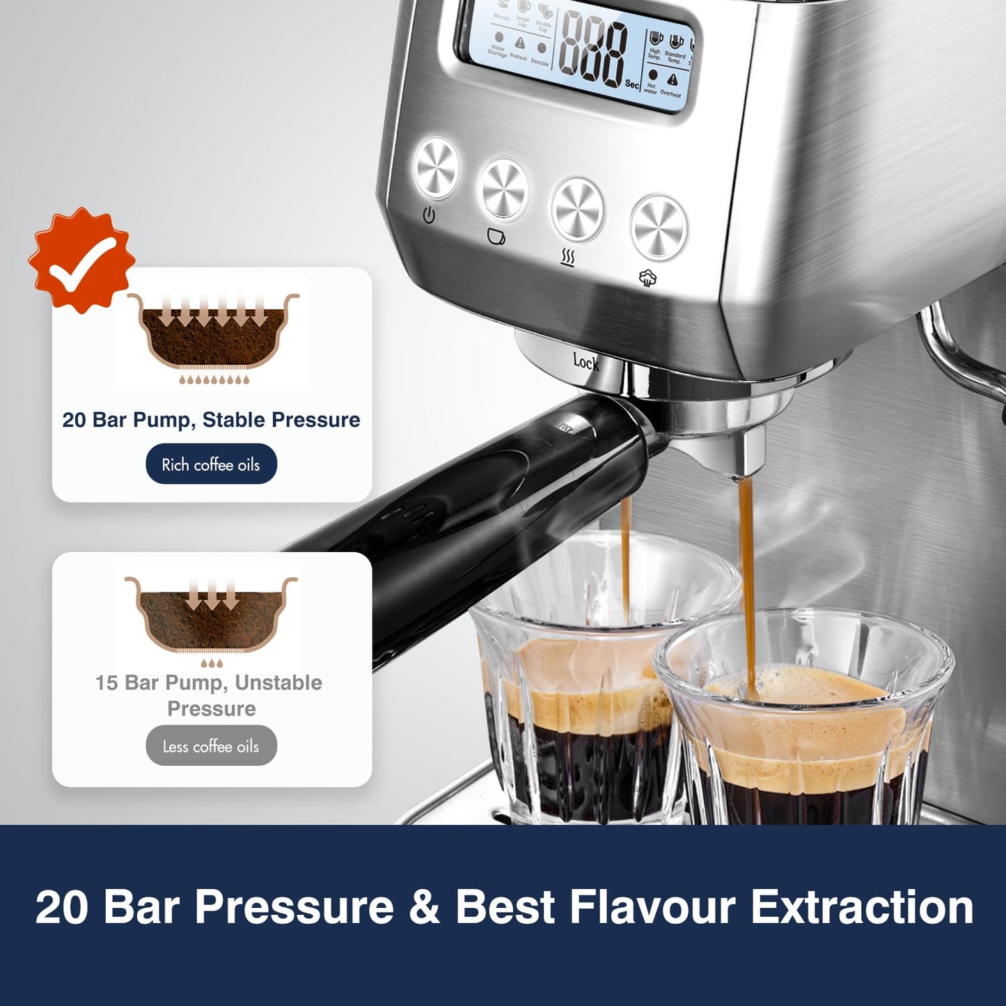 Amzchef Máquina de Espresso 20 Bar com Vaporizador e Painel LCD, Prata