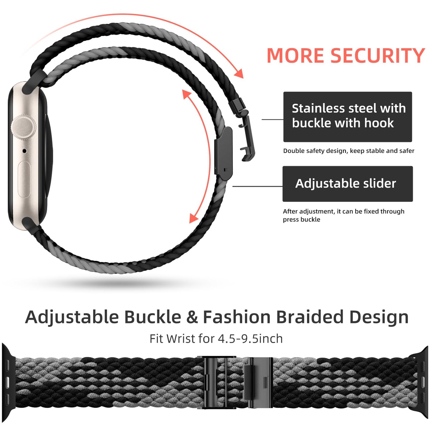 Lerobo Pulseira de Nylon Elástica Trançada para Apple Watch (Preto/Preto Cinza)