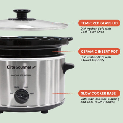 Elite Gourmet Panela Elétrica Slow Cooker 2 Quartos com Tampa de Vidro (Inox)