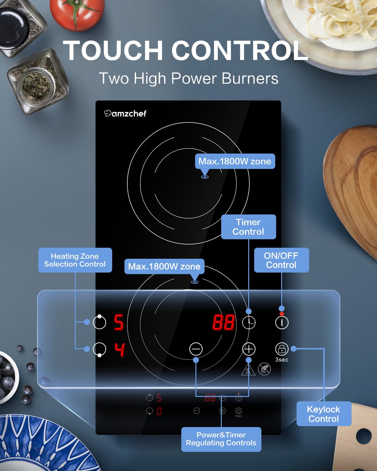 Amzchef Cooktop de Indução 2 Bocas com Plug 1800W, 9 Níveis de Potência