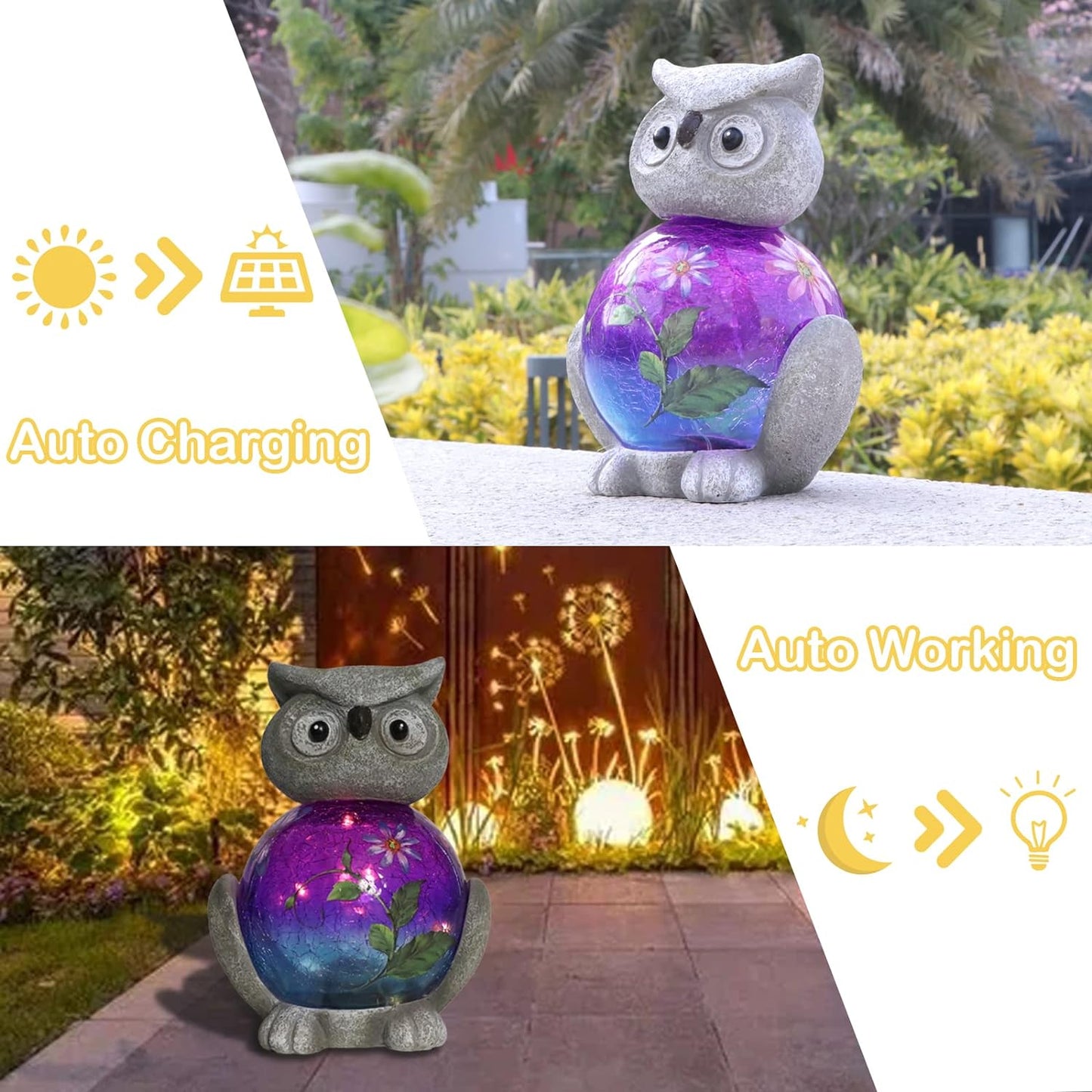 Afirst Estátuas de jardim solar coruja com globo com luz led