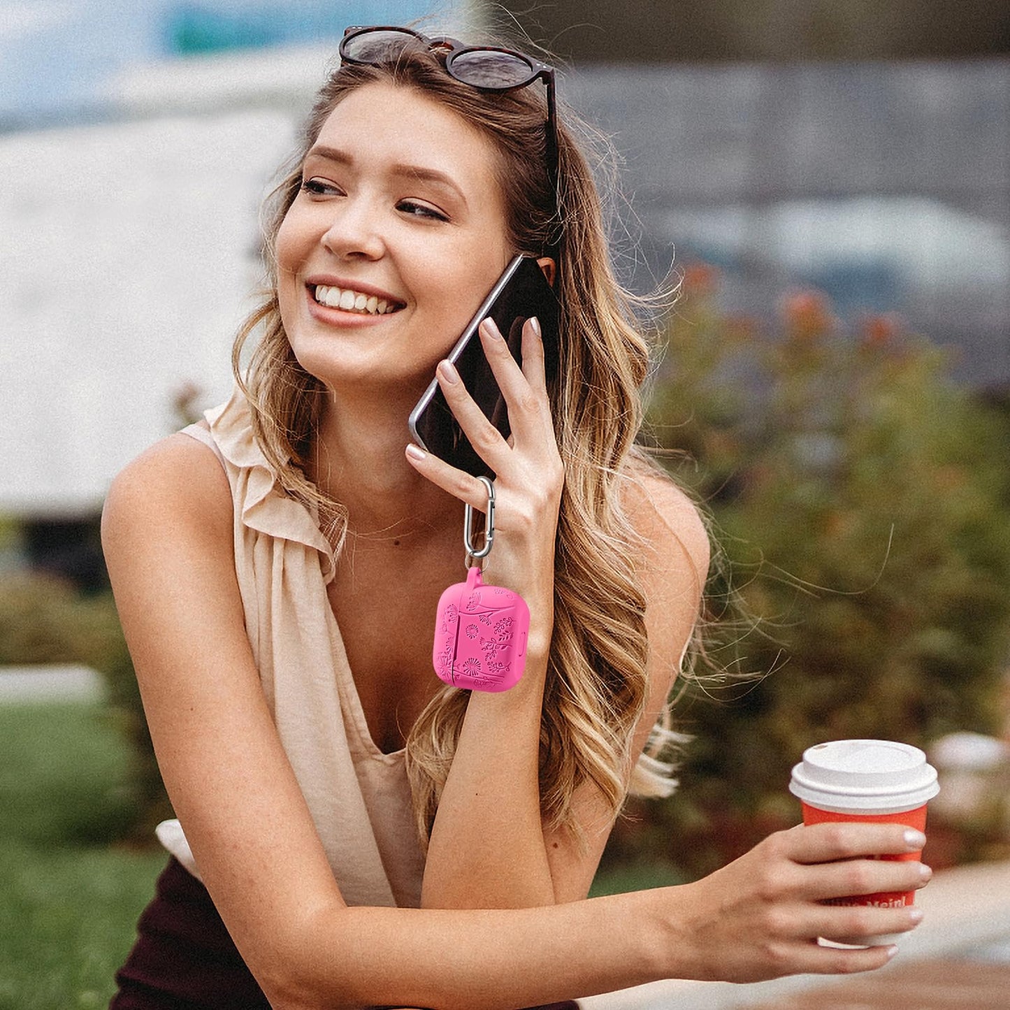 Lerobo Capa para AirPods 3ª Geração com Chaveiro e Gravação Floral (Rosa)