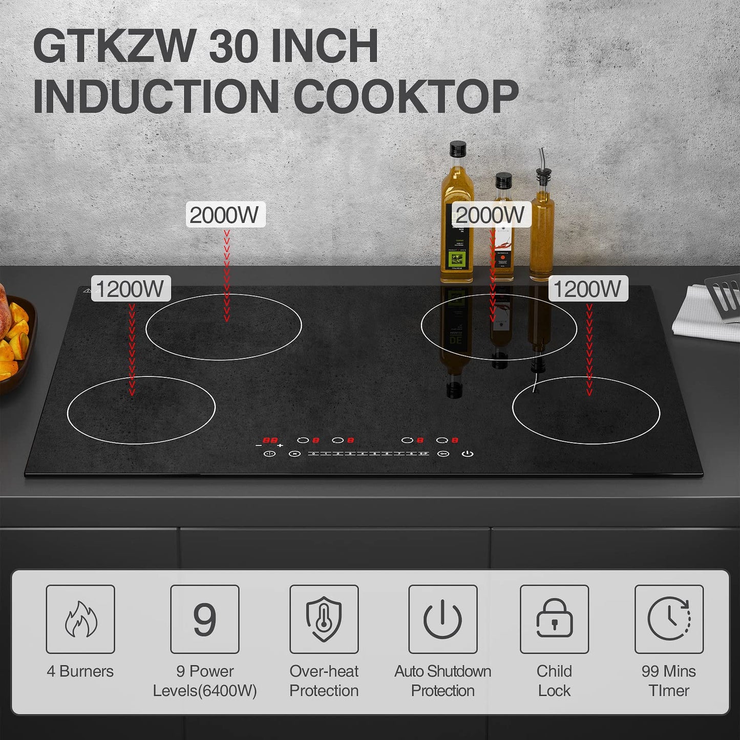 GTKZW Cooktop de Indução 30" 6400W com 4 Queimadores e Tela Touch (Preto)