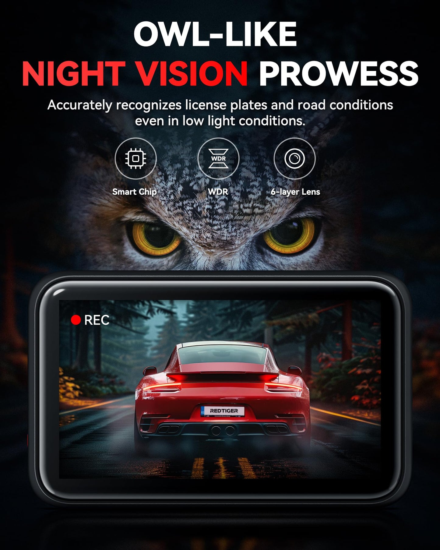 REDTIGER Dash Cam 4K F4, GPS, Wi-Fi, Touchscreen, Visão Noturna