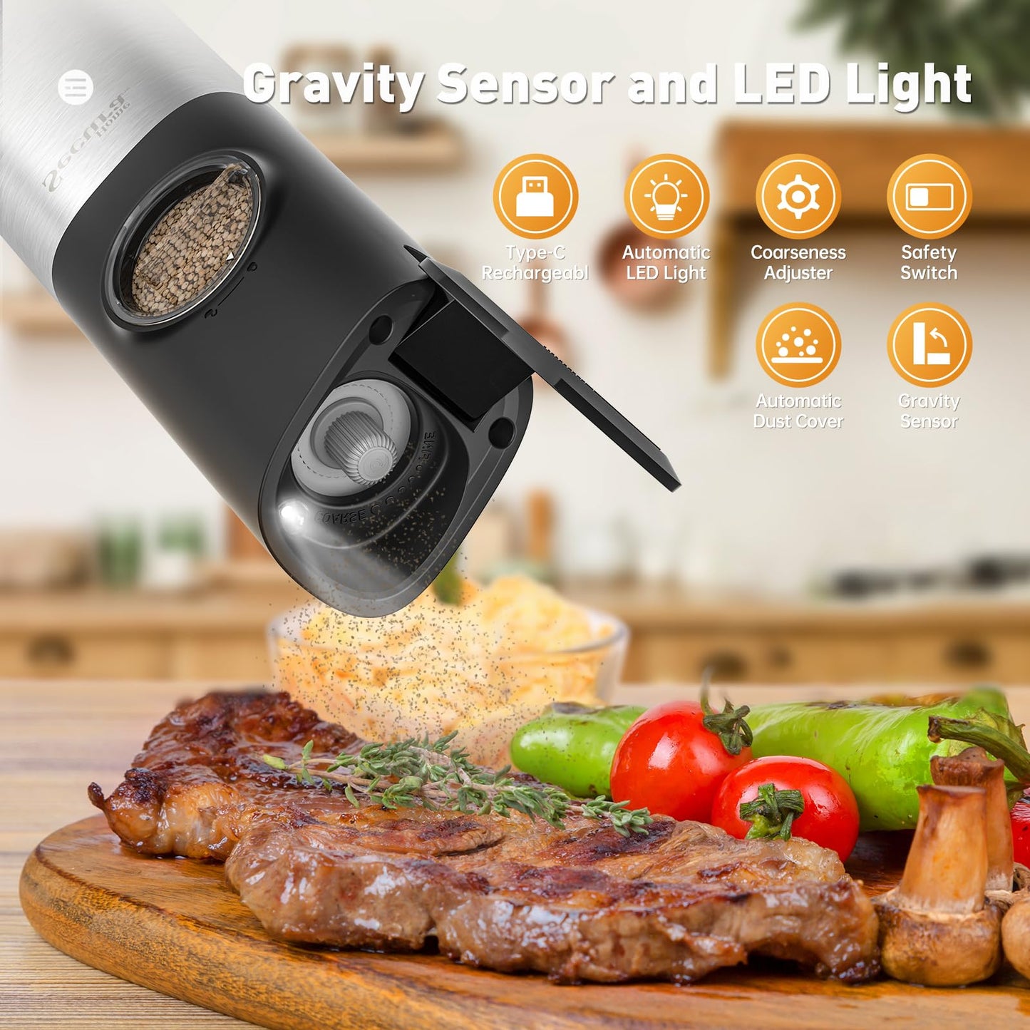 Secura Moedor Elétrico de Sal e Pimenta Automático com LED e Recarga, 2 PCS