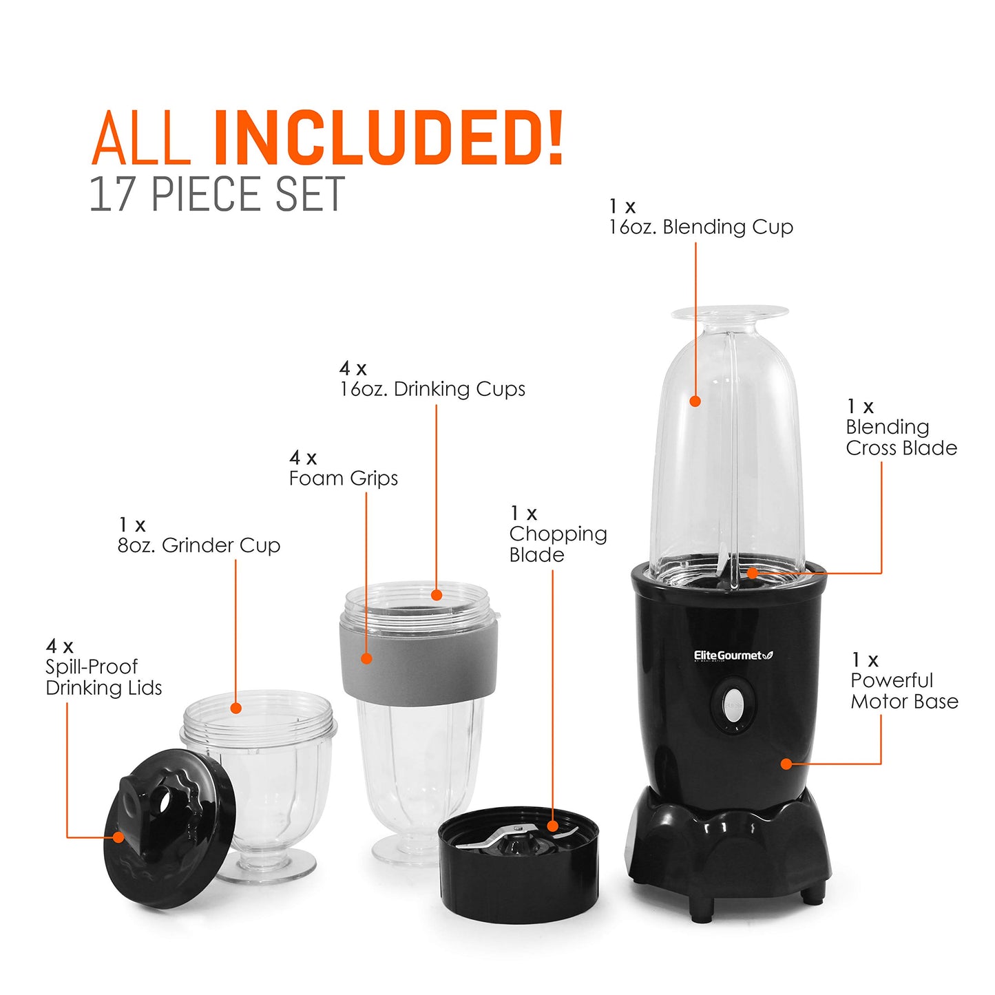 Elite Gourmet Mixer e Blender Pessoal 17 Peças com Copos Reutilizáveis (Preto)