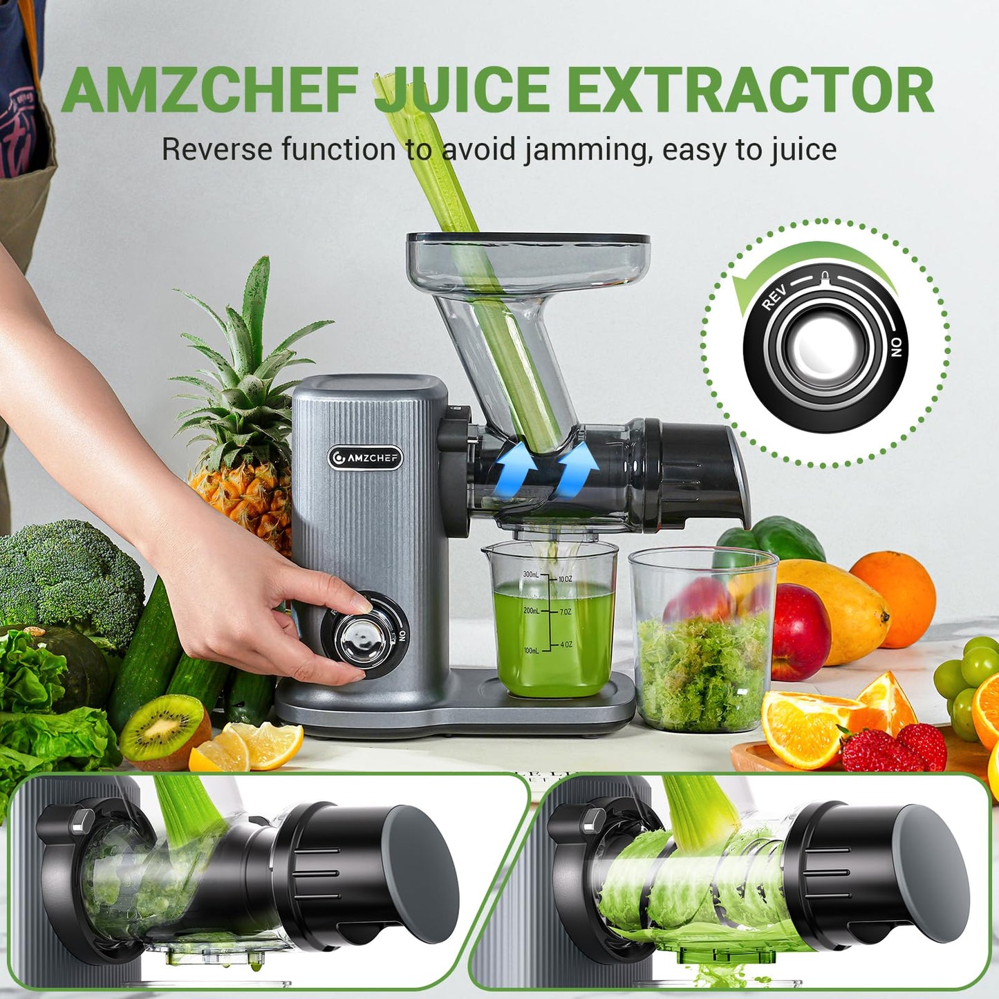 AMZCHEF Juicer Centrífuga com Triturador Espiral, Motor Silencioso (Pálido)