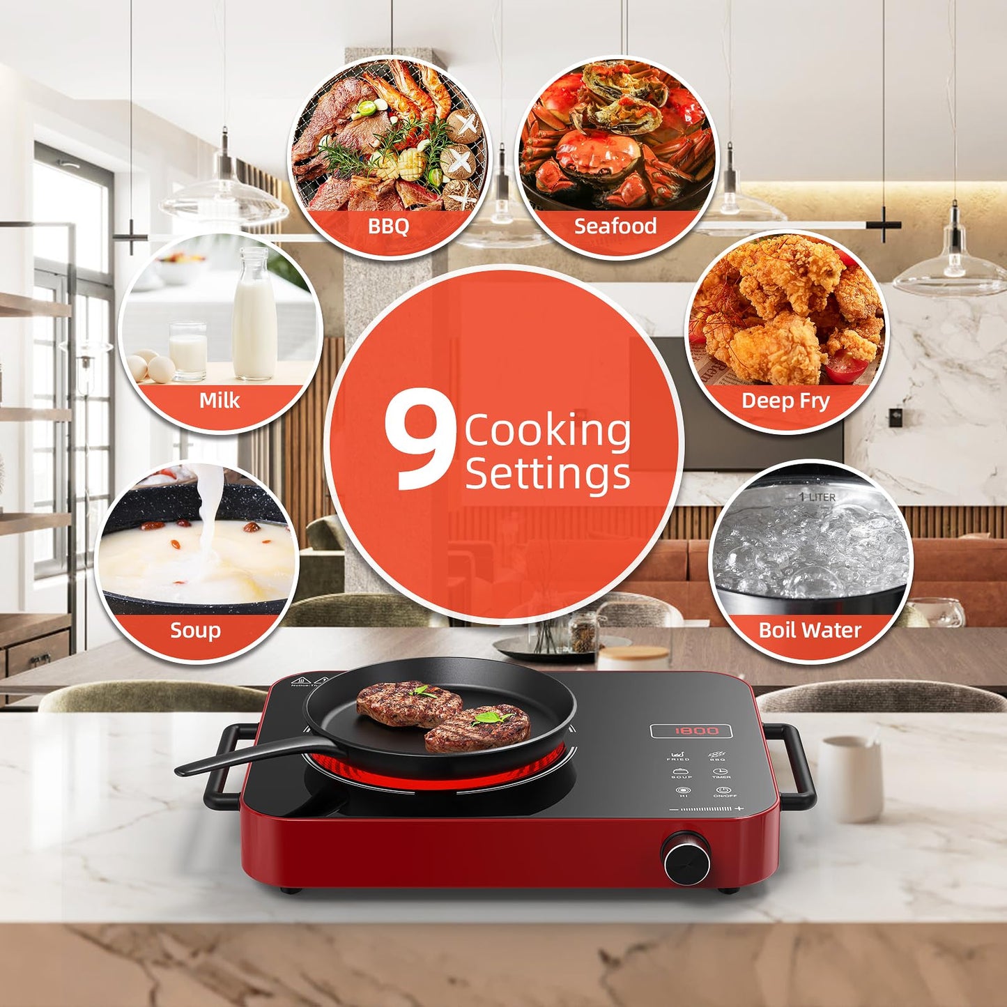 GTKZW Cooktop Elétrico Portátil 1800W com Controle Touch e Botão (Vermelho)