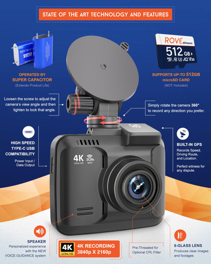 ROVE R2-4K PRO Dash Cam, Wi-Fi 5GHz, GPS e Visão Noturna