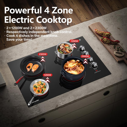 AMZCHEF Cooktop Elétrico Embutido 30" com 4 Zonas de Aquecimento (Preto)