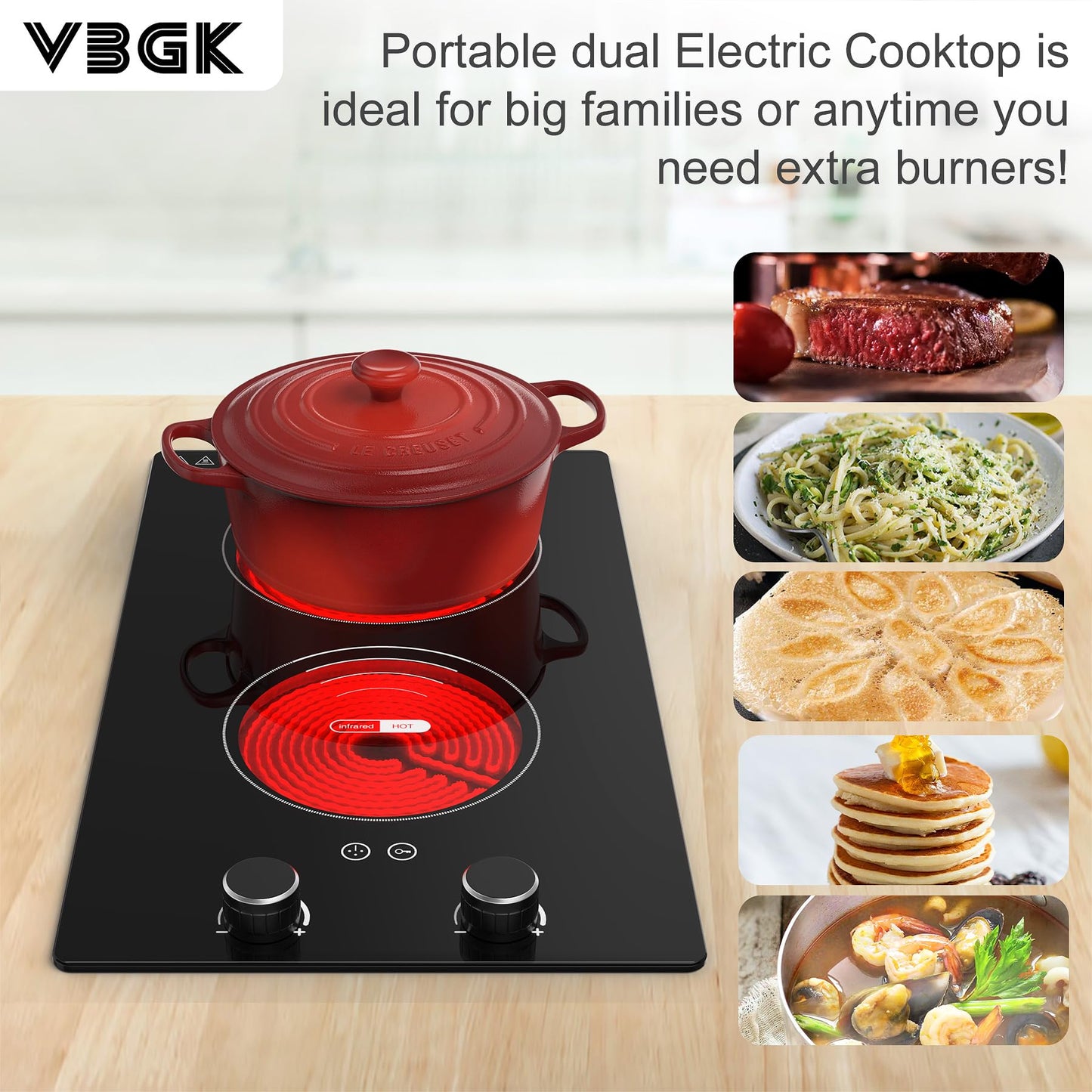 VBGK Cooktop Elétrico de 12" com 2 Zonas, 9 Níveis e Bloqueio Infantil