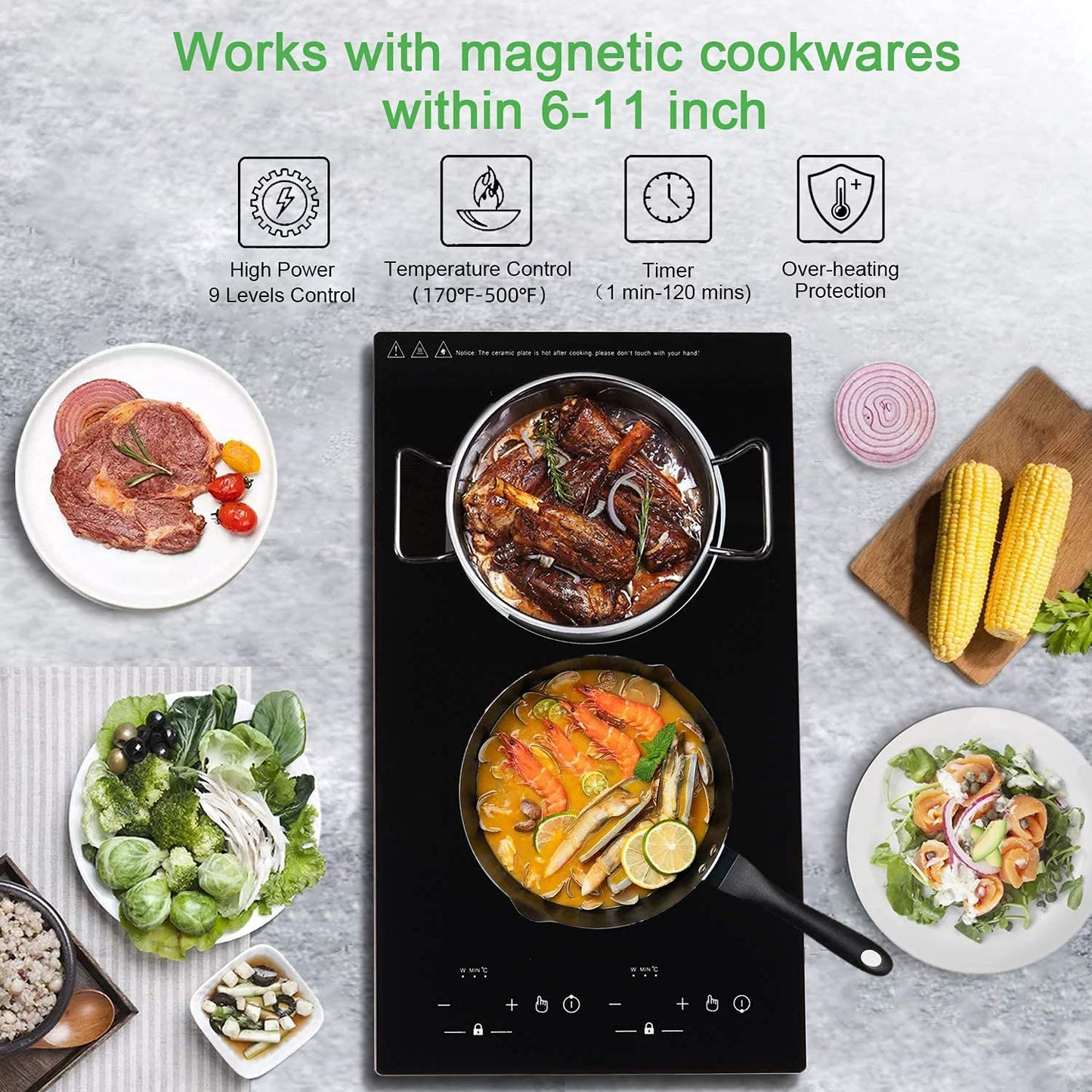 GTKZW Cooktop de Indução Duplo 12" com 2 Queimadores e 9 Níveis (Preto)