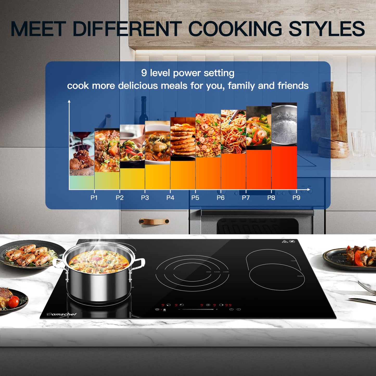 Cooktop Elétrico AMZCHEF 30" com 4 Bocas e Controle Touch (Preto)