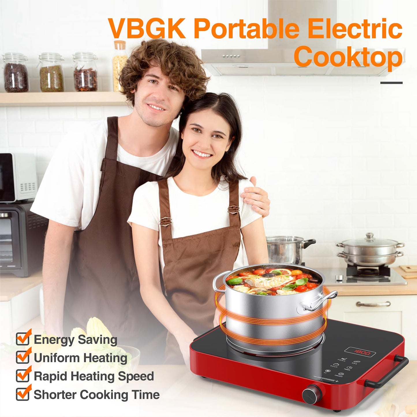 VBGK Cooktop Elétrico Portátil 1800W com Controle de Toque e Knob (Vermelho)