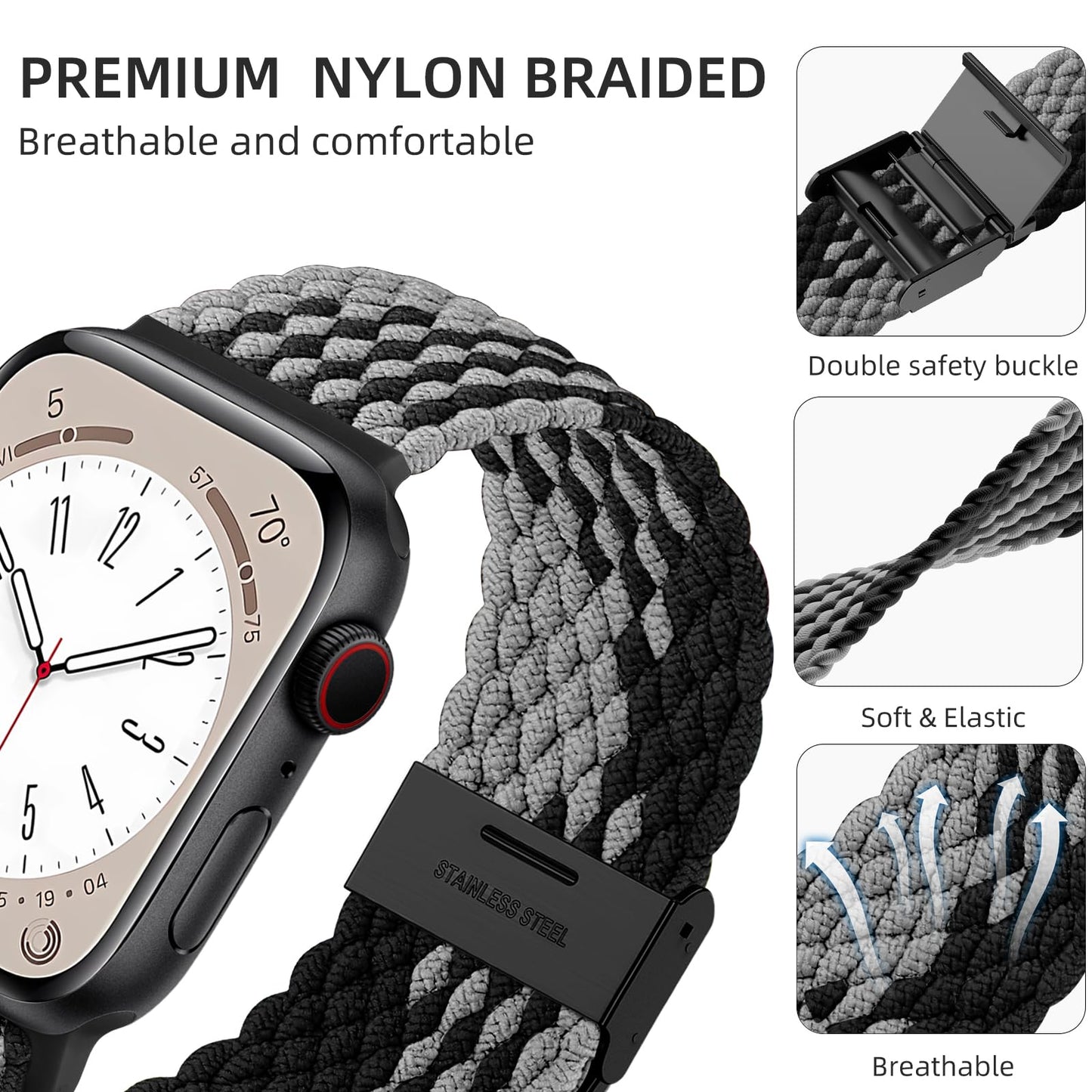 Lerobo Pulseira de Nylon Elástica Trançada para Apple Watch (Preto/Preto Cinza)