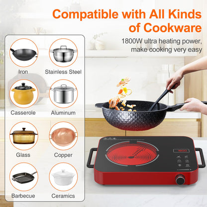 VBGK Cooktop Elétrico Portátil 1800W com Controle de Toque e Knob (Vermelho)