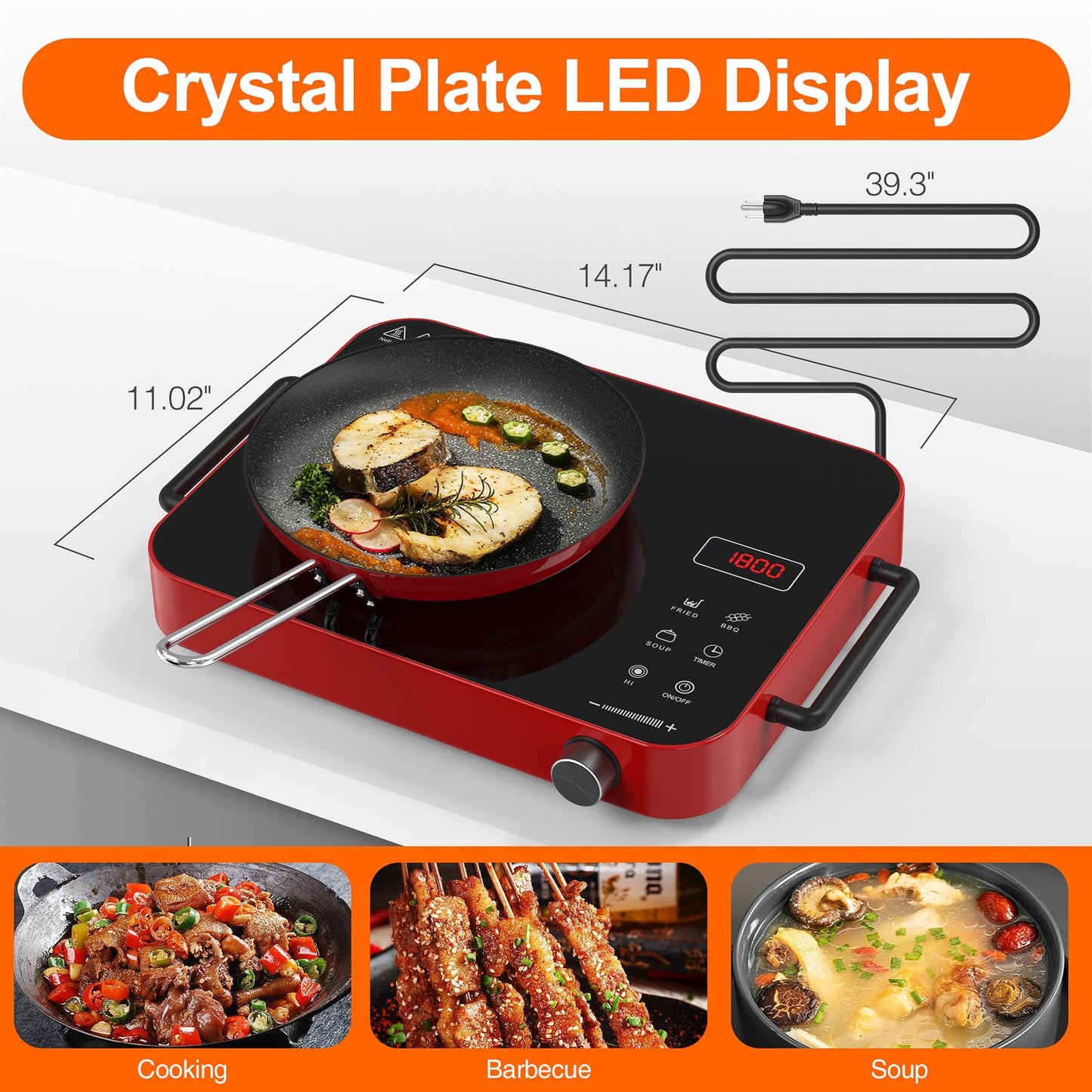 VBGK Cooktop Elétrico Portátil 1800W com Controle de Toque e Knob (Vermelho)