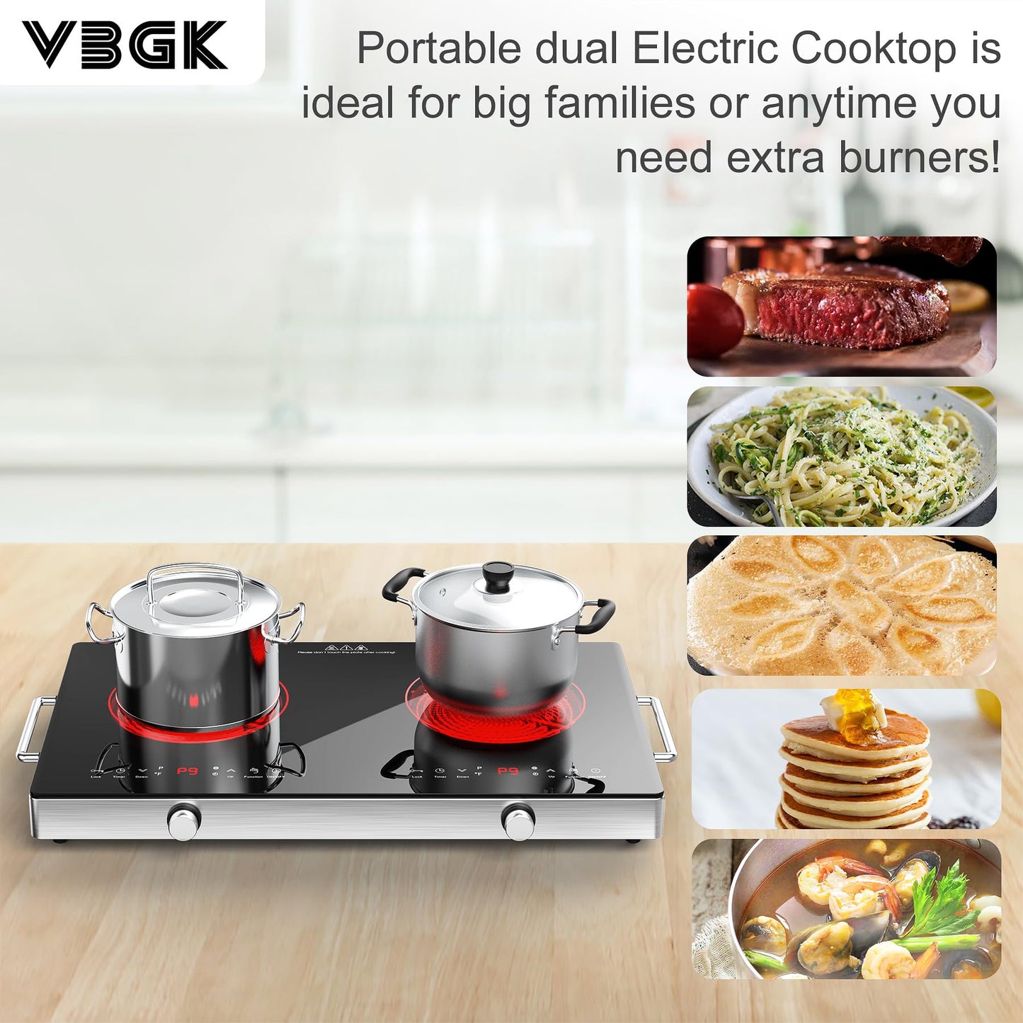 VBGK Cooktop Elétrico 24" 2400W 2 Queimadores Controle de Botão (Preto)