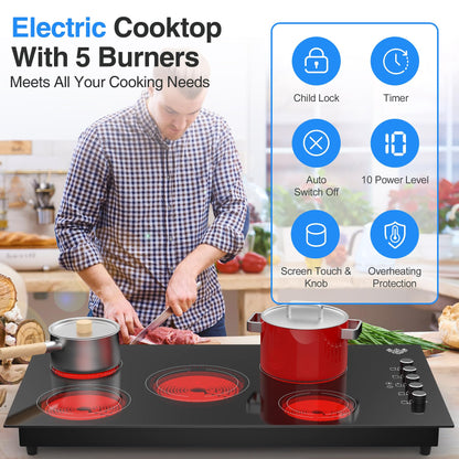 VBGK Cooktop Elétrico 36 Polegadas 8000W com 5 Queimadores e Trava de Segurança