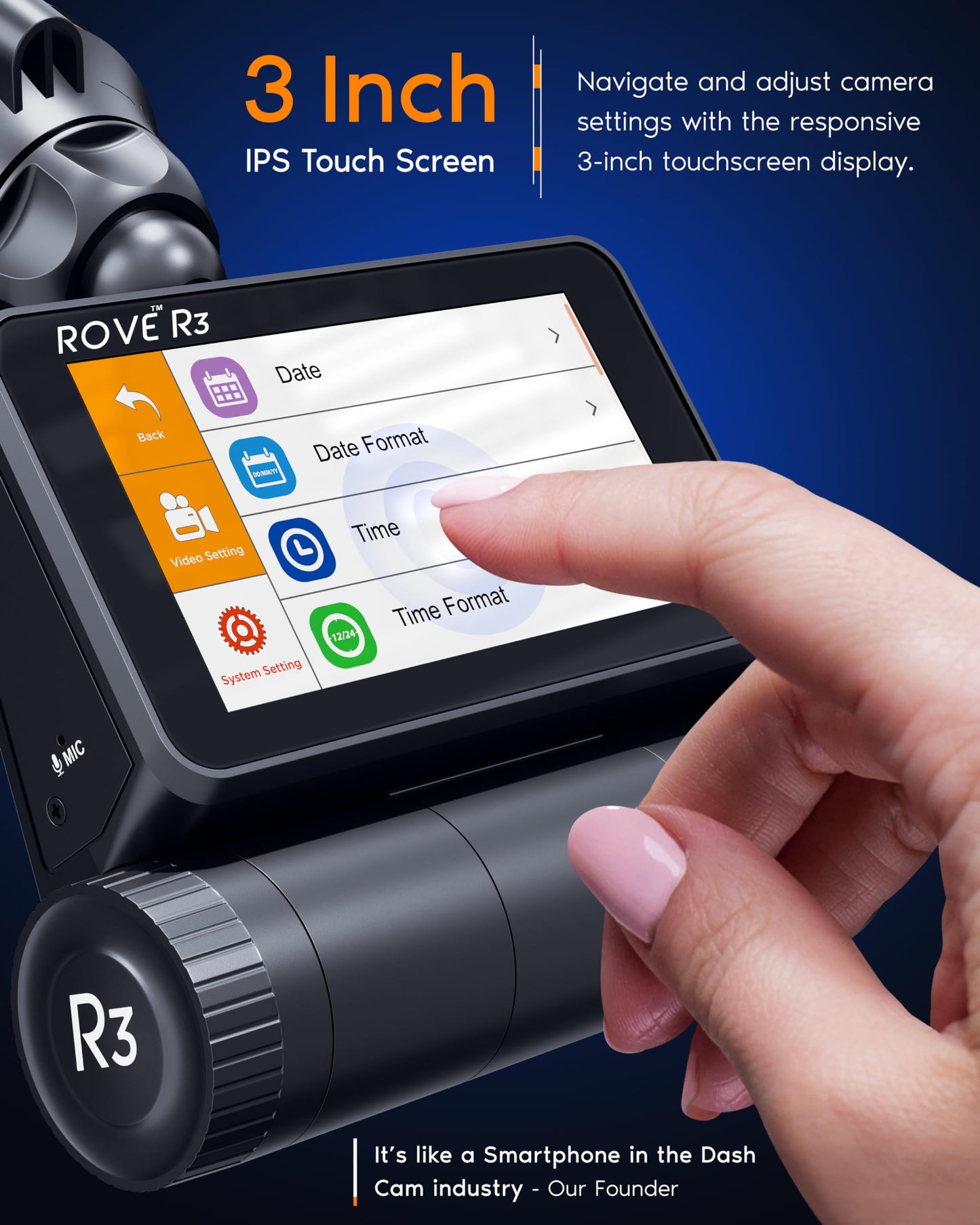 ROVE R3 Dash Cam 3 Canais, 1440P+1080P, Wi-Fi 5GHz e GPS