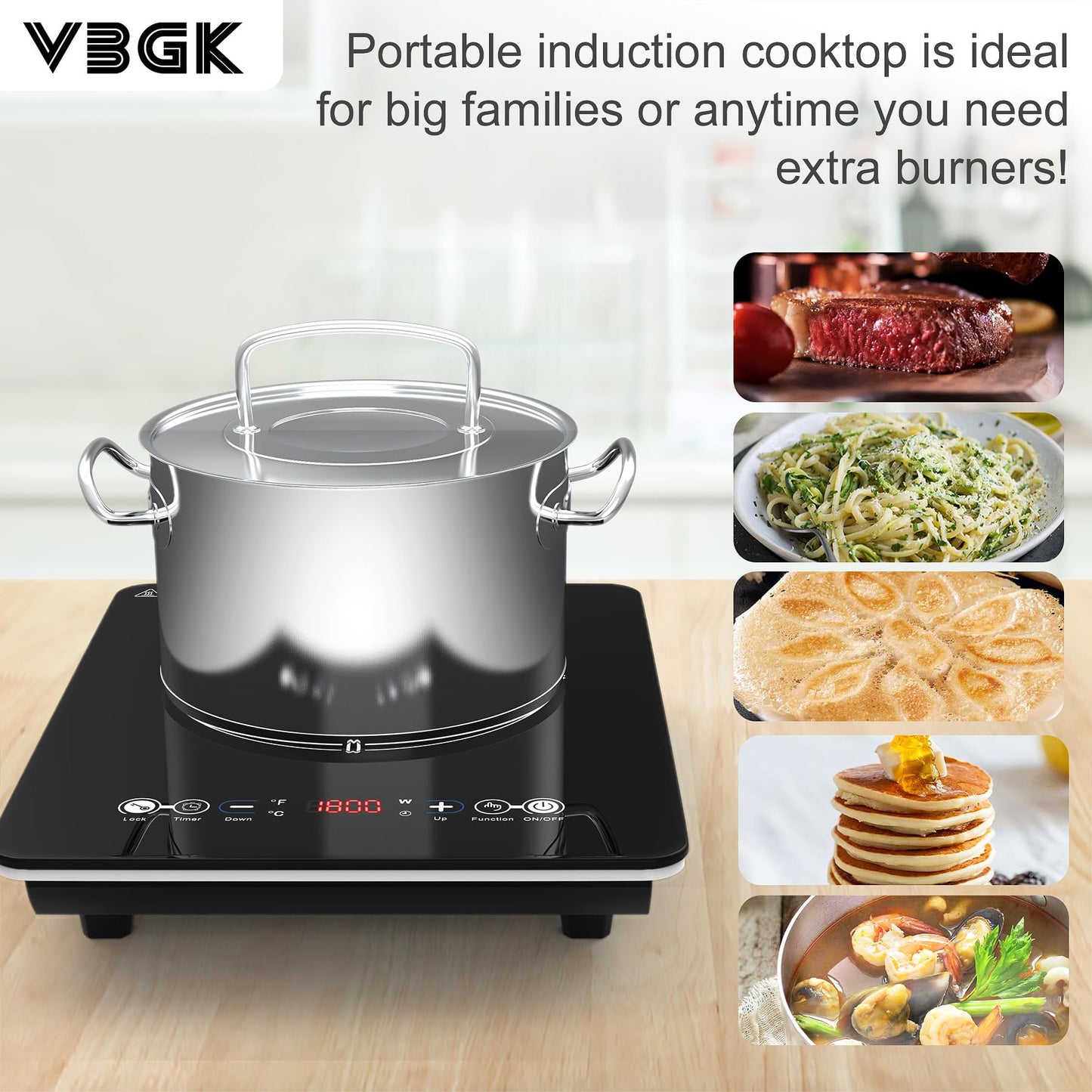 VBGK Fogão de Indução Portátil 1800W com 9 Níveis de Potência e Segurança